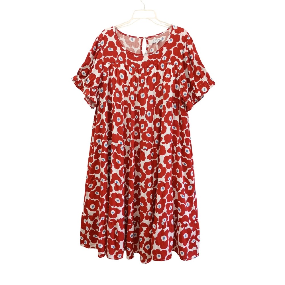 Polagram Red Floral Poppy Tiered Babydoll Midi Dress Womens 2XL Ruffle‎ Sleeve